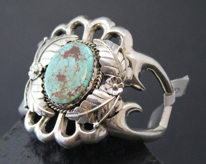 Sterling Silver American Cast Cuff Bracelet Featuring Turquoise Mountain Turquoise by Rose Chee