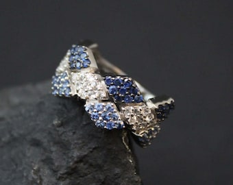 Sterling Blue and White Diamond Pattern Ring, Sterling Pave Ring, Pave Setting, Silver Checkerboard Ring, Trendy Jewelry