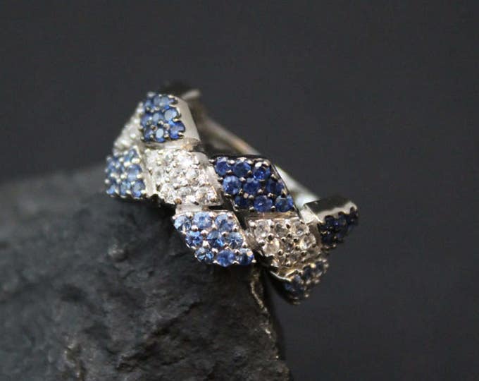 Sterling Blue and White Diamond Pattern Ring, Sterling Pave Ring, Pave Setting, Silver Checkerboard Ring, Trendy Jewelry
