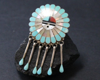 Stunning RARE Signed Sterling Silver Sun God Sterling Silver Turquoise Mother of Pearl Coral Onyx Inlay Brooch Pin with Optional Pendant