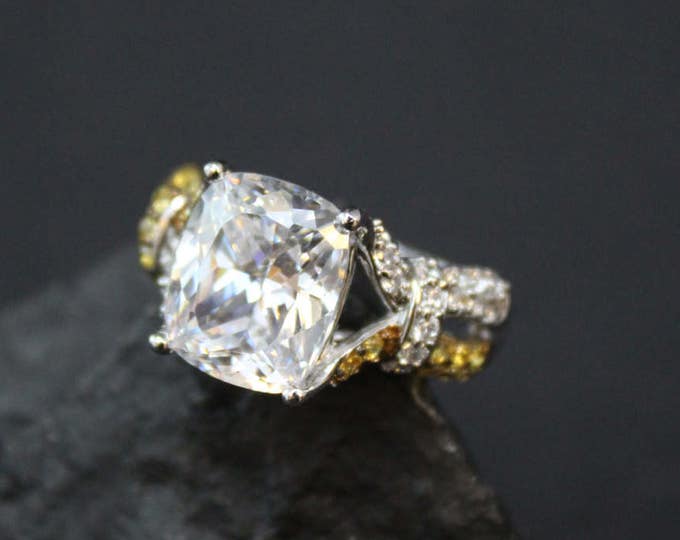 Sterling CZ Engagement Ring, Gemstone Cocktail Ring, Yellow and White CZ, Big Gemstone Ring, Sterling Silver CZ Jewelry