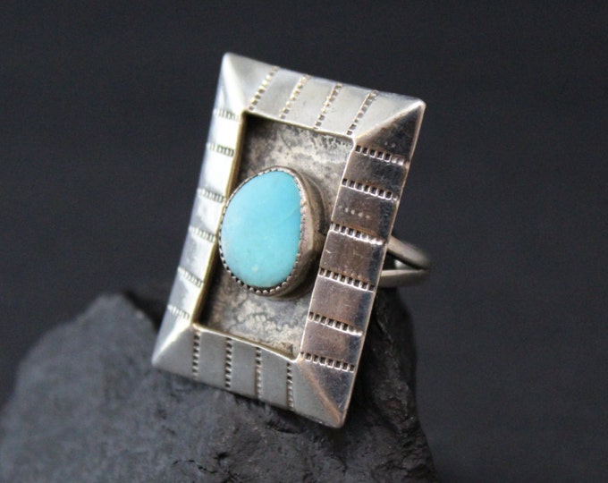Sterling Silver Vintage Southwest American Rectangular Shadow Box Turquoise Ring, Vintage 925 Silver