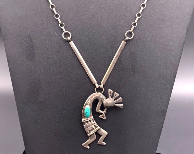 Kokopelli Turquoise Pendant on Unique Sterling Silver Link Chain, Kokopelli Necklace, Fertility Pendant