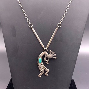 Kokopelli Turquoise Pendant on Unique Sterling Silver Link Chain, Kokopelli Necklace, Fertility Pendant