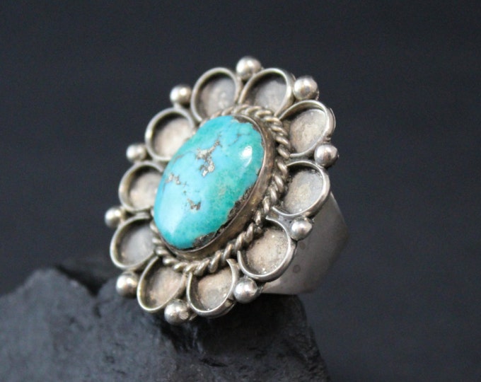 Large Vintage American Sterling Silver Turquoise Unisex Flower Old Wide Band Ring (AS IS)