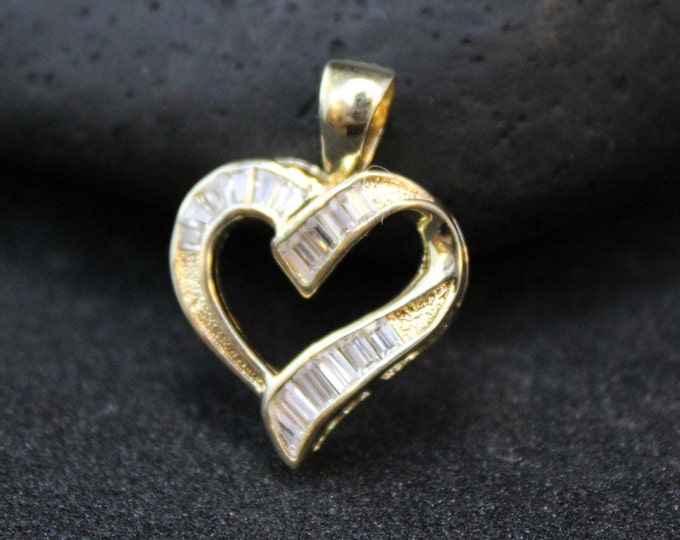 Valentine's Day Sterling Silver Gold Plated Baguette CZ Open Heart Pendant