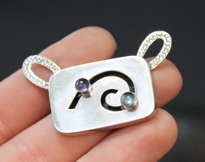 Modernist Gemstone Pendant, Sterling Swirl Pendant, Silver Amethyst, Unique Sterling Jewelry, Moving Pendant, Gemstone Slide Pendant