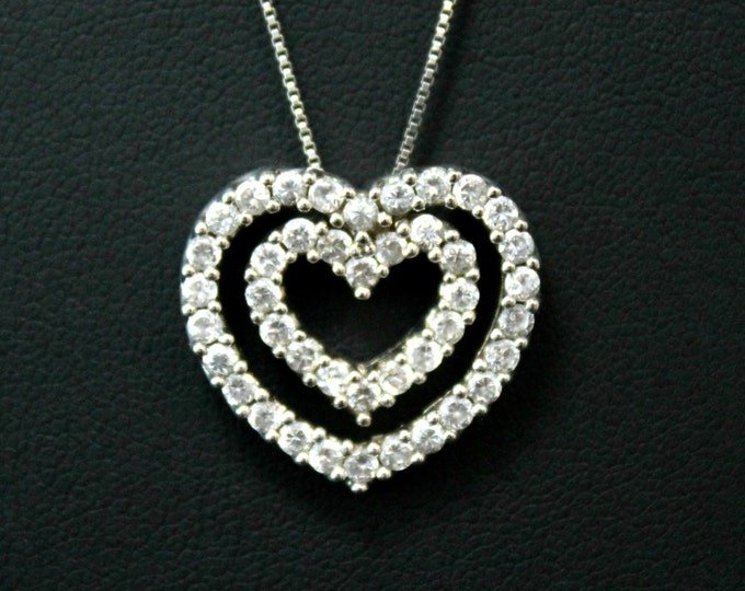 Valentine's Day Sterling Silver CZ Gemstone Double Heart Necklace on 16 inch Sterling Silver Box Chain