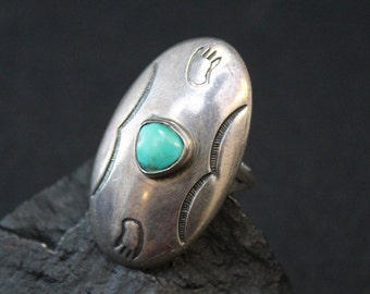 Sterling Silver and Turquoise Hand Stamped Bear Paw Oval Statement Ring