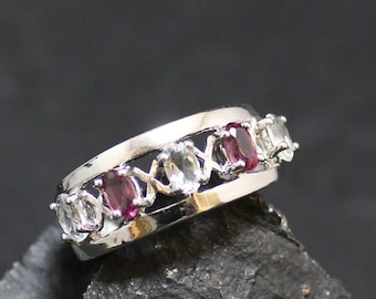 Sterling Silver Ring with Pink and White Gemstones, 925 Ring, Pink Gemstone Ring,  925 White Topaz Ring, Four Gemstone Sterling Silver Ring