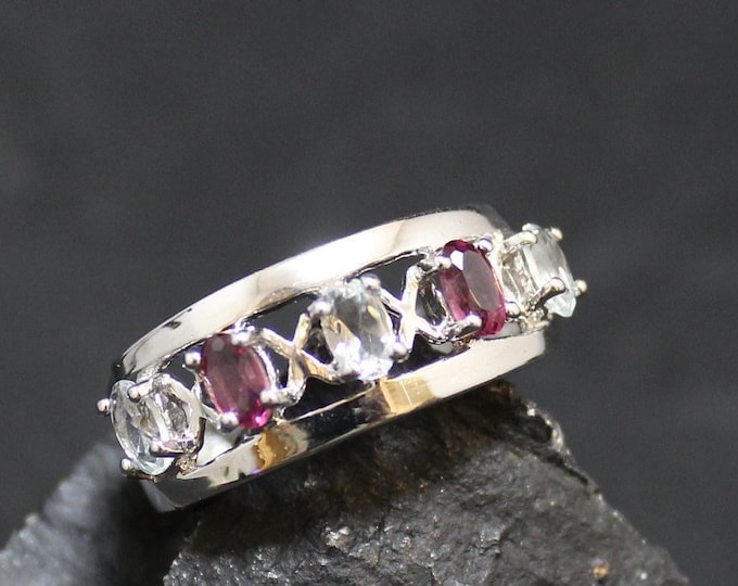 Sterling Silver Ring with Pink and White Gemstones, 925 Ring, Pink Gemstone Ring,  925 White Topaz Ring, Four Gemstone Sterling Silver Ring