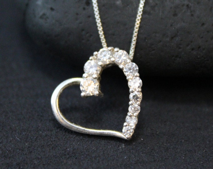 Valentine's Day Sterling Silver and CZ Open Heart Necklace on 17 inch Sterling Silver Box Chain