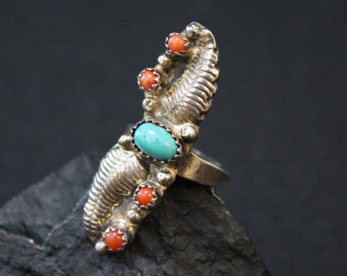 Sterling Silver Turquoise and Coral Statement Ring with Leaf Accents