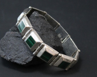 Heavy Sterling Silver Mexican Malachite Link Bracelet