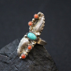 Sterling Silver Turquoise and Coral Statement Ring with Leaf Accents