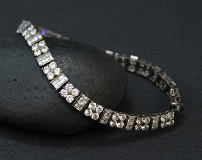 Sterling CZ Tennis Bracelet, Cubic Zirconia Bracelet, Art Deco Jewelry, Princess Cut CZ, CZ Estate Jewelry, Prom Jewelry