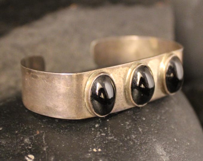 Vintage Sterling Silver & Black Stone Cuff, 925 Three Stone Style Bracelet, Silver Boho Black Cabochon Unique Jewelry