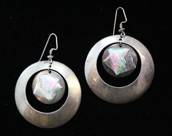 Sterling Silver Artist Signed Art Glass Large Retro Dangle Hoop Earrings