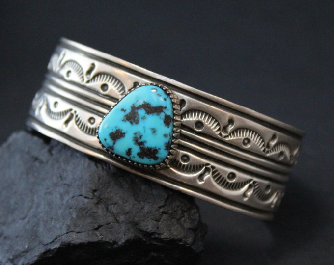 Rare Sterling Silver Signed Bruce Morgan Kingman Turquoise Cuff Bracelet