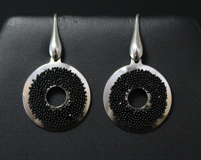 Unique Beaded Sterling Earrings, Italian Sterling, Italian design, Silver Donut Earrings, Black Bead Dangle Earrings, Designer Jewelry