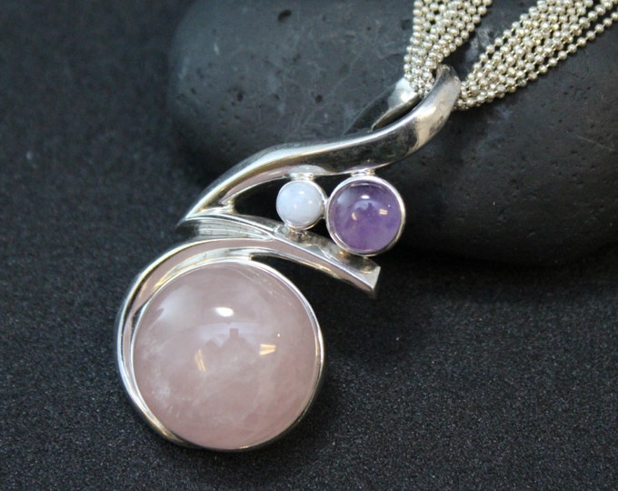 Sterling Silver Gemstone Statement Necklace with Pink Quartz, Amethyst, and Lace Agate on 10 Strand Ball Chain