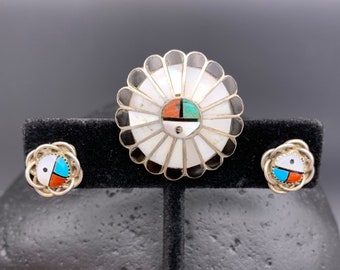 Inlay pin and earring set, Sterling Mother of Pearl coral turquoise and onyx pin and earrings, Vintage inlay sterling jewelry set, AS IS