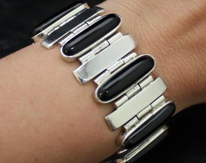 Vintage Sterling Silver Wide Link Black Stone Statement Bracelet, VTG 950 MEXICO Modernist Boho Gemstone Heavy Bracelet, Unisex Bracelet