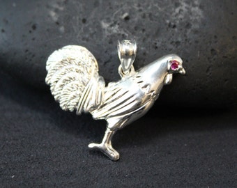 Silver Chinese New Year Year of the Rooster Pendant with Red Gemstone Eye