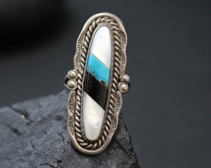 Sterling Silver Long Hand Stamped Ring with Turquoise, Mother of Pearl, and Onyx Inlay