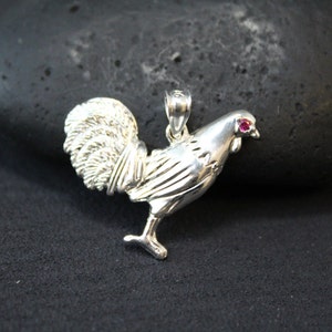 Silver Chinese New Year Year of the Rooster Pendant with Red Gemstone Eye