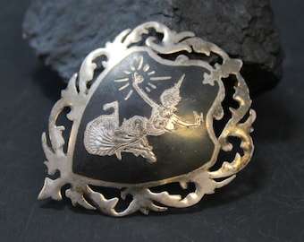 Sterling Silver Niello Siam Siamese Filigree Brooch Pin