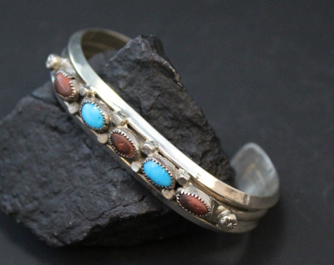 Sterling Silver Cuff Bracelet with Turquoise and Coral, Vintage Southwestern 925 Turquoise Cuff