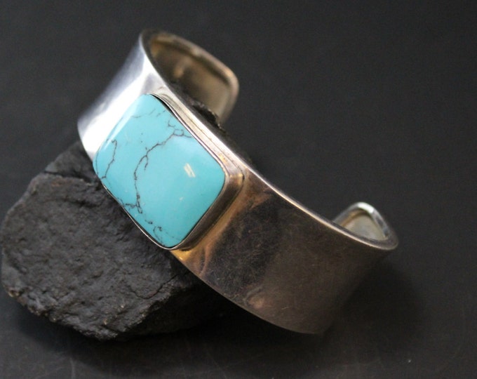 Modern Sterling Silver Rectangular Turquoise Vintage Taxco Cuff Bracelet