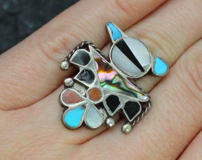 Vintage Sterling Silver Gemstone Inlay Ring, VTG 925 Southwestern Bird Design Multi Gemstone Ring, Boho Statement Ring, Size 6.25