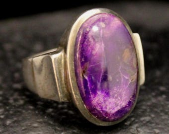 VTG 925 MR. T Artist Signed Large Purple Stone Ring, Vintage Sterling Silver Statement Gemstone Ring, Bezel Set Unisex Ring, US Size 8.75