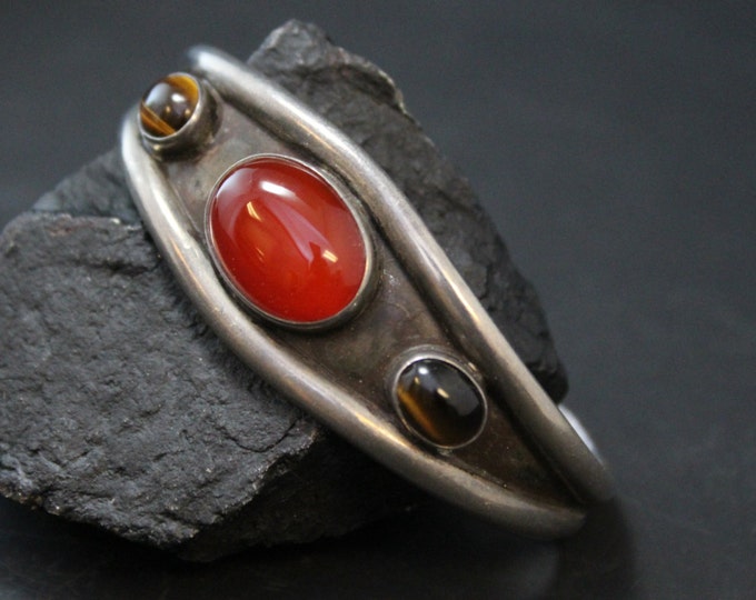 Vintage Sterling Silver Cuff Bracelet with Tiger's Eye and Carnelian Gemstones