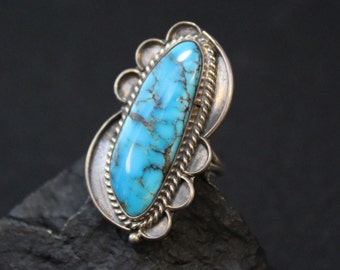 Sterling Silver Turquoise Long Statement Ring with Rope Border