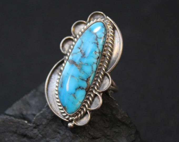 Sterling Silver Turquoise Long Statement Ring with Rope Border