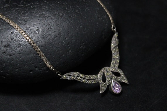 Sterling Silver Art Deco Amethyst and Marcasite Bow Vintage Necklace, Art Deco Marcasite Jewelry, Sterling Art Deco, Amethyst Jewelry