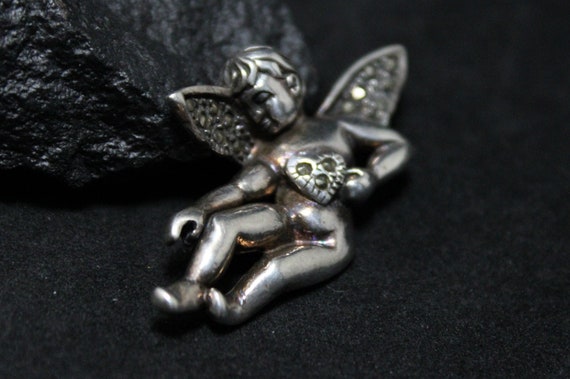Sterling Silver Angel Baby Brooch Pin With Marcasite, Sterling Cherub Brooch, Marcasite Cherub, Miscarriage Jewelry, Miscarriage Brooch