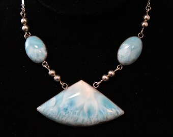 Sterling Silver Modernist Larimar Pectolite Gemstone Statement Necklace 925