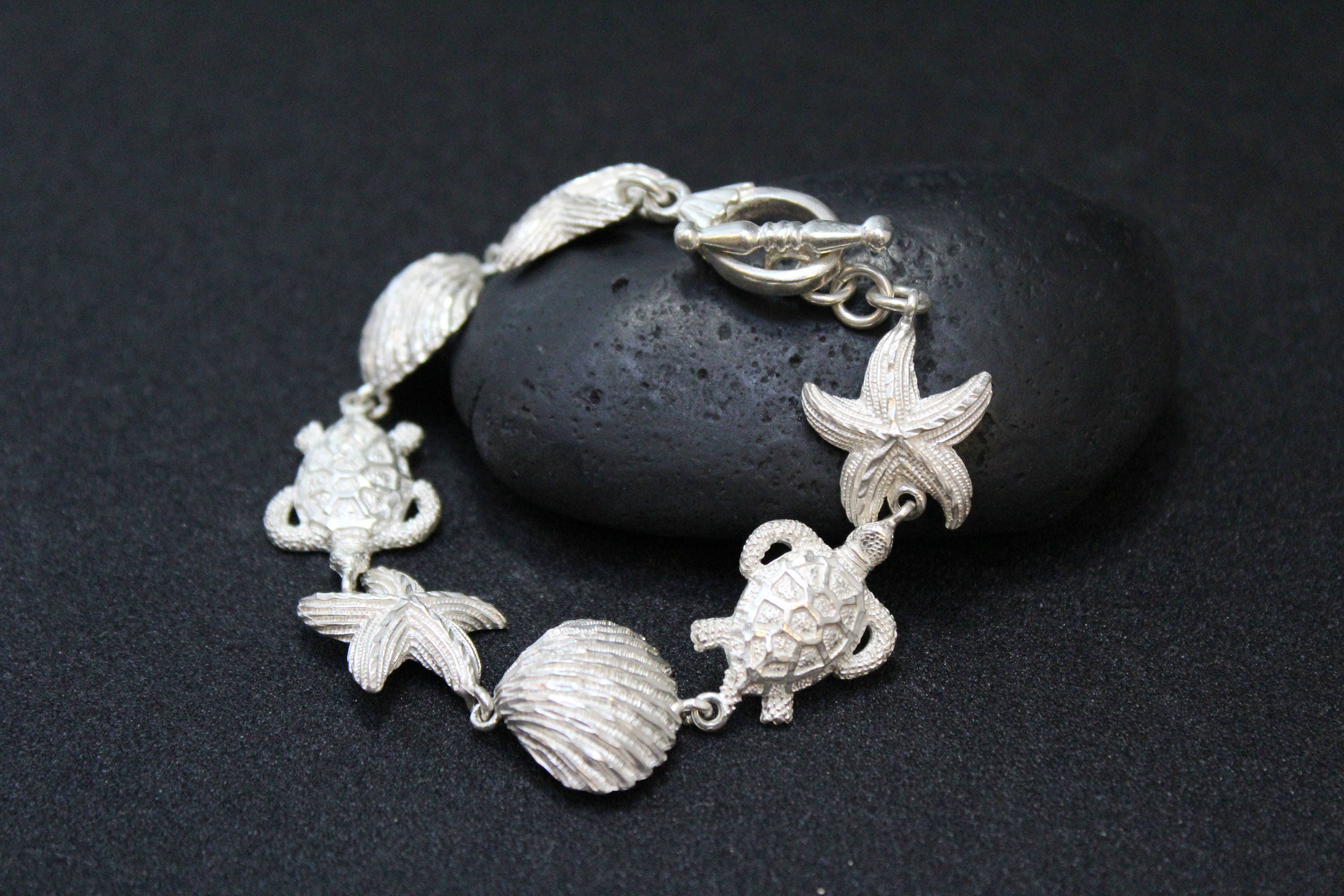 Sterling Silver Sea Creature Bracelet, Ocean Themed Link Bracelet