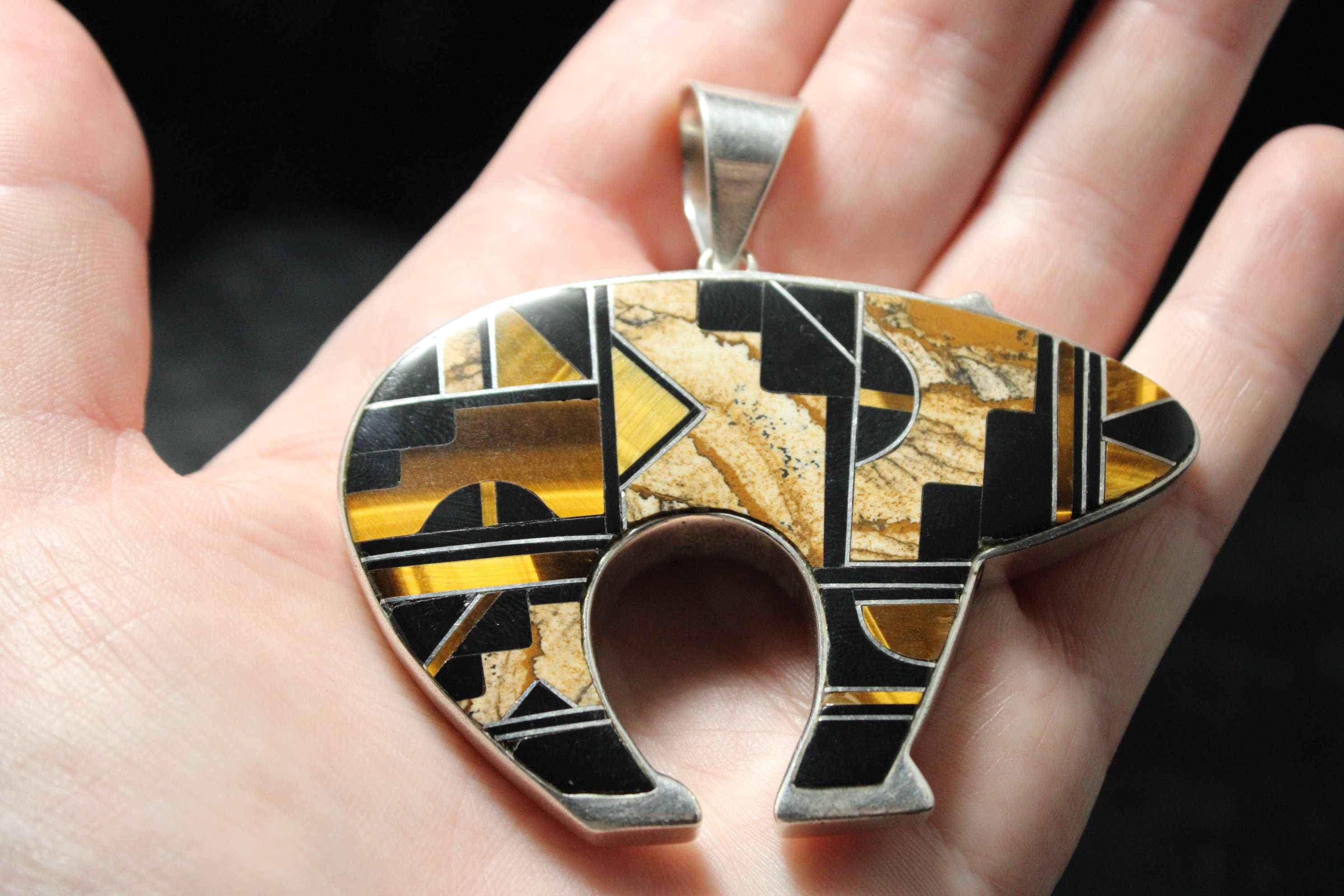 Sterling Silver Navajo Bear Pendant, Tigers Eye Jasper Onyx Stone Inlay ...
