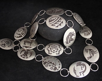 Vintage Sterling Silver Kokopelli Belt, 925 Southwestern Medallion Belt, Silver Boho Folk Design Belt, Festival Accessory, 36.75 inches Long