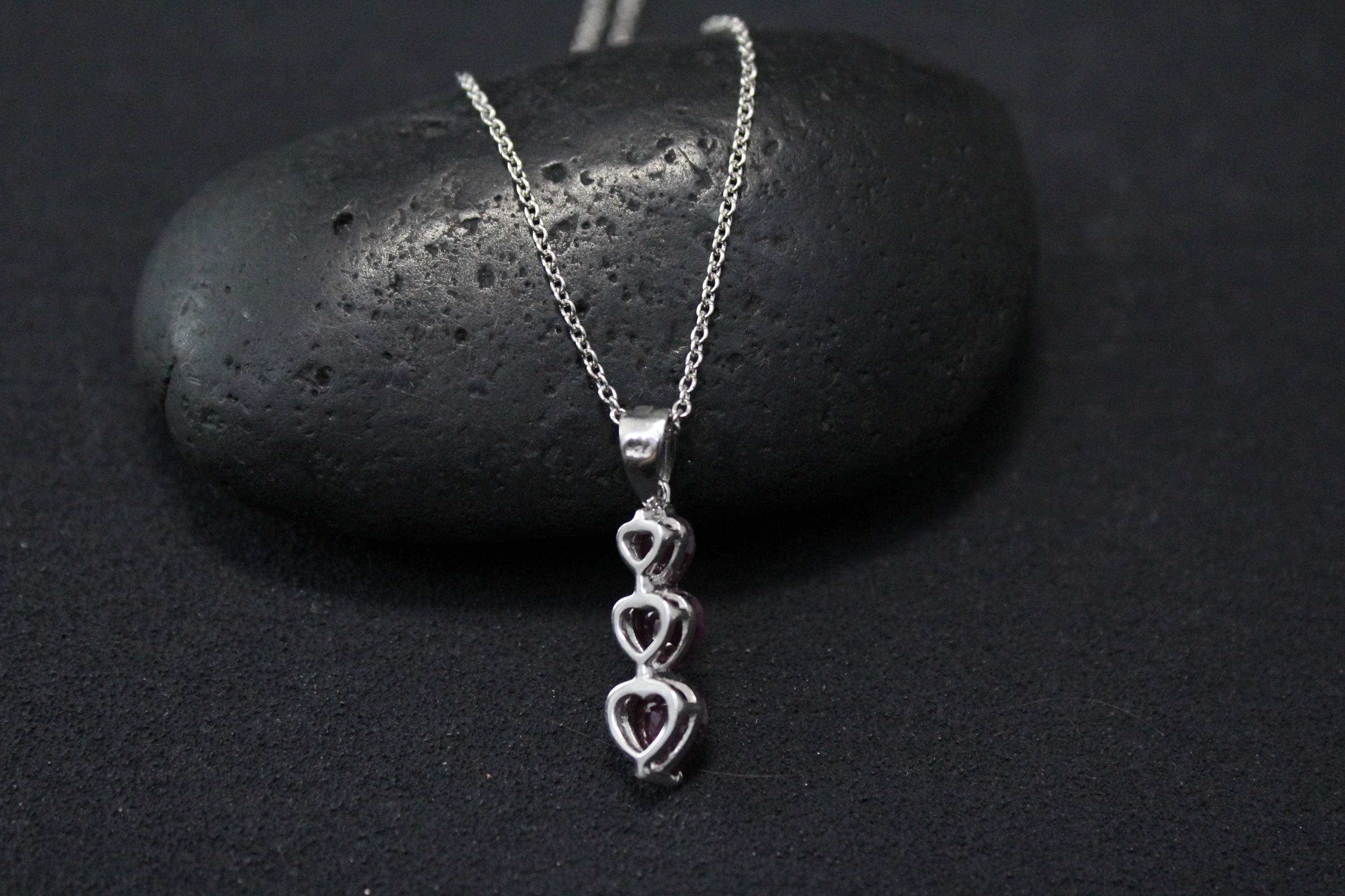 Sterling Silver Graduated Ruby Heart Necklace, Sterling Ruby Pendant