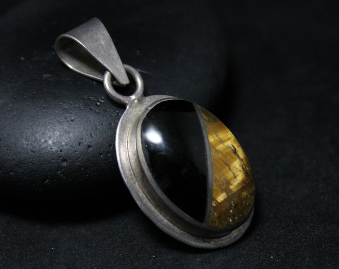 Sterling Silver Vintage TAXCO Onyx and Tigers Eye Inlay Pendant, Sterling Taxco Jewelry, Tigers Eye Jewelry, Onyx Jewelry, Vintage Sterling