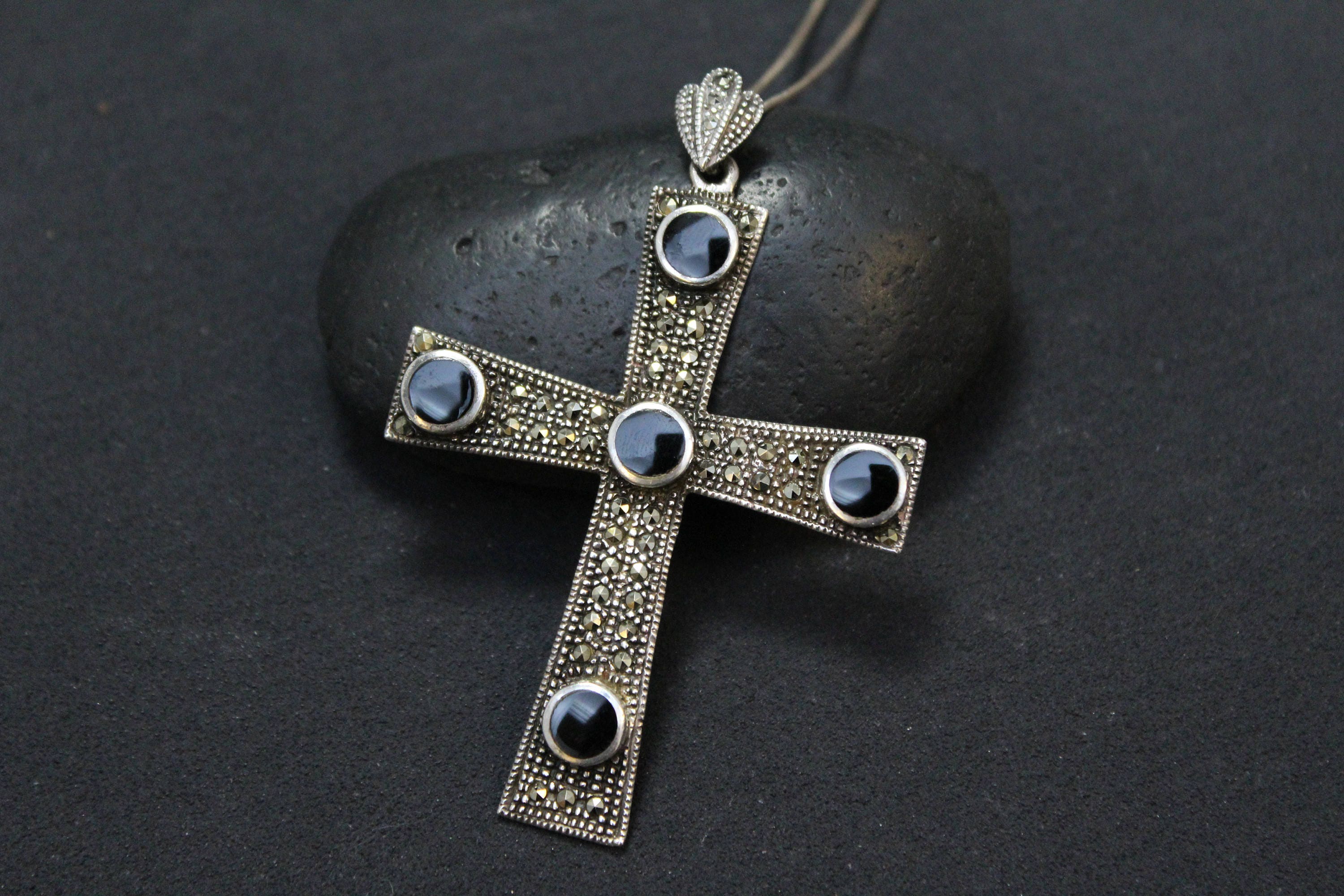 Large Sterling Silver Onyx and Marcasite Cross Necklace, Big Sterling ...