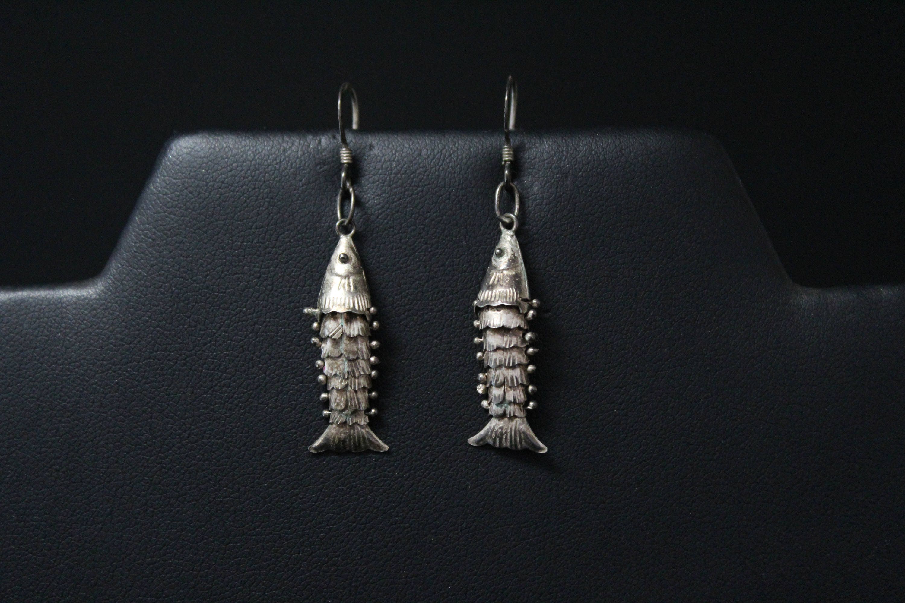 Sterling Silver Articulated Fish Earrings, Sterling Chinese Fish