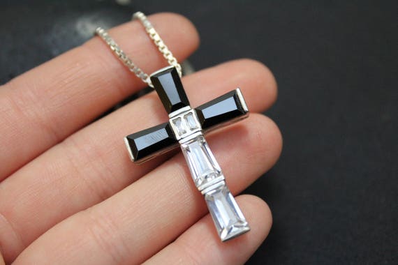 Sterling Silver CZ Cross Necklace, CZ Cross Pendant, Sterling Silver Black and White Gemstone Cross Necklace, Big Cross Necklace View 3
