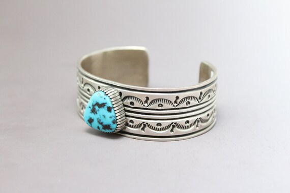 Rare Sterling Silver Signed Bruce Morgan Kingman Turquoise Cuff